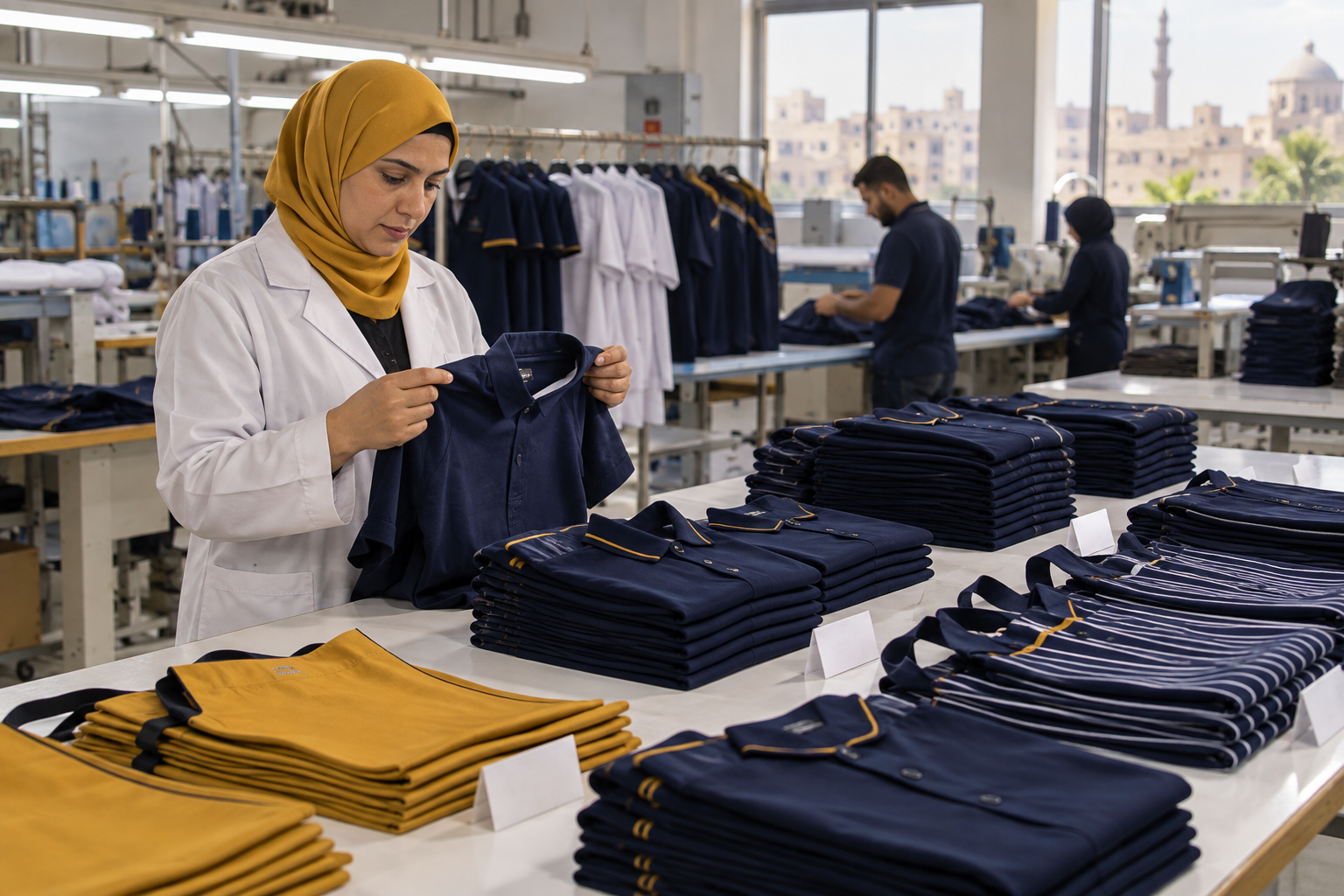 خياط يجهز القماش على طاولة العمل
